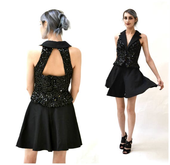 80s Vintage Prom Set Black sequin Vest Black Short