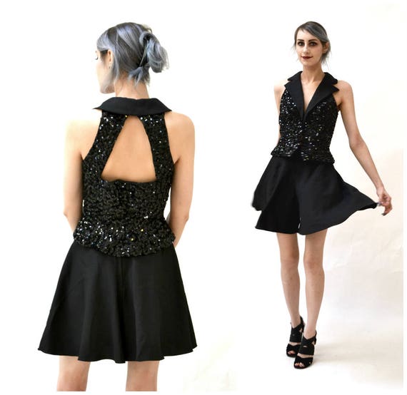 80s Vintage Prom Set Black sequin Vest Black Shor… - image 1