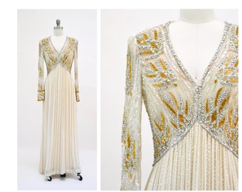 80s 90s Vintage Silver Gold White Cream Beaded Gown Dress Small Medium Bob Mackie Silk// Vintage Wedding Gown Beaded Art Deco Gown Small