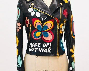 2000s Black Leather Jacket by Moschino With Fringe Make Love
