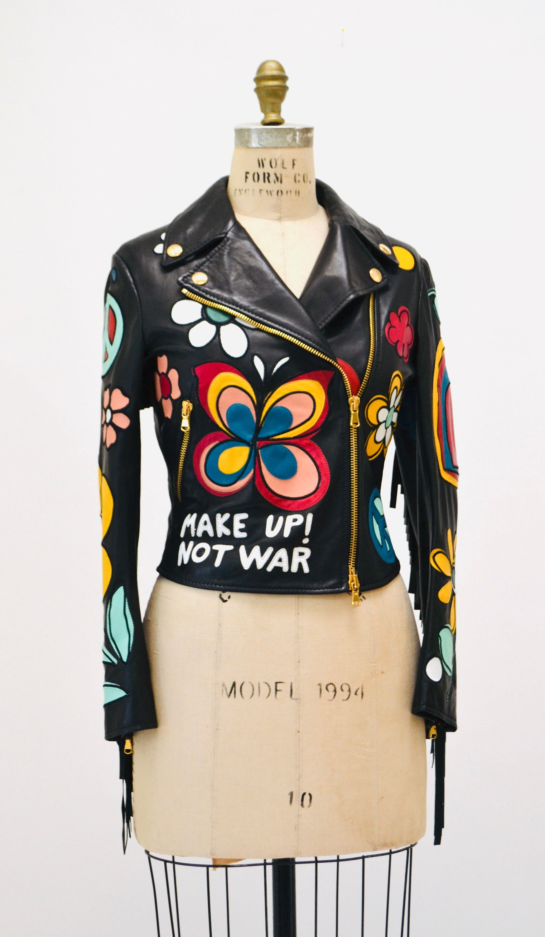 2000s Black Leather Jacket by Moschino With Fringe Make Love
