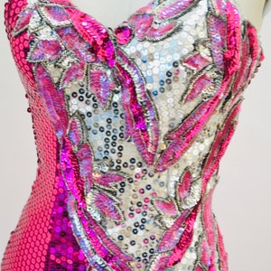 Vintage 80s Prom Pink Sequin Dress Size XXS Alyce Designs// 80s Vintage Metallic Sequin Gown Silver and PInk Drag Queen Pageant Barbie Dress image 5