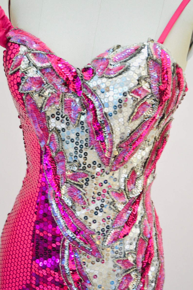 Vintage 80s Prom Pink Sequin Dress Size XXS Alyce Designs// 80s Vintage Metallic Sequin Gown Silver and PInk Drag Queen Pageant Barbie Dress image 5