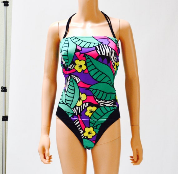 Vintage 80s High Cut Swim Suit size Medium Black … - image 3