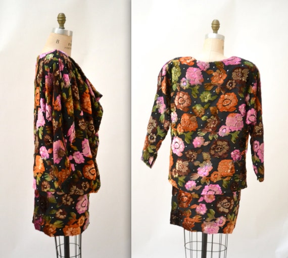 80s Vintage Floral Print Velvet Dress Medium Larg… - image 3