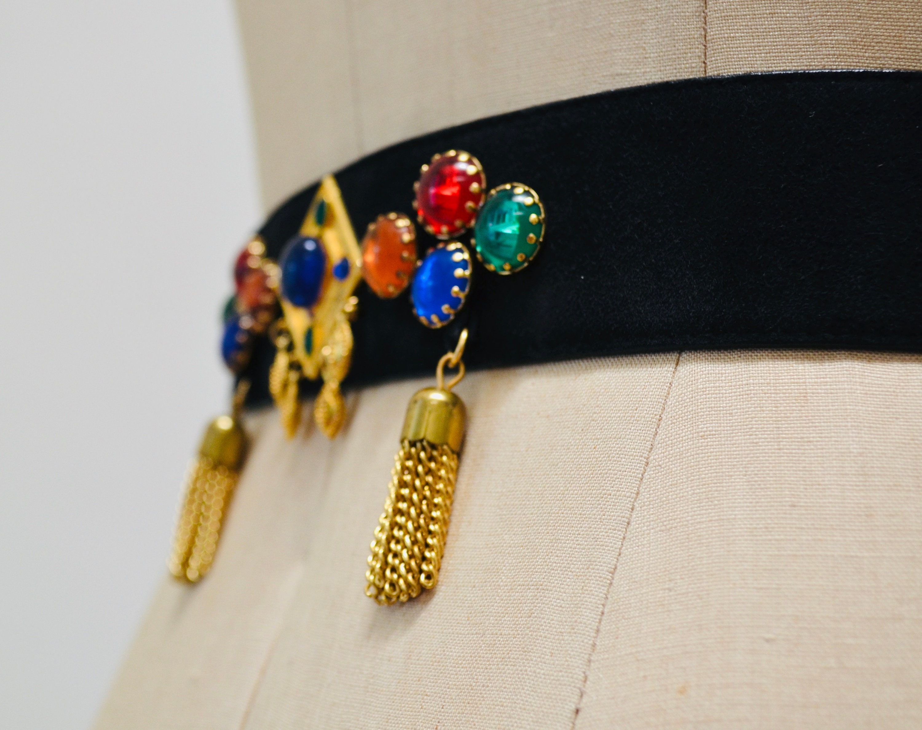 80s 90s Vintage ESCADA Black Gold Gemstone Belt Metallic