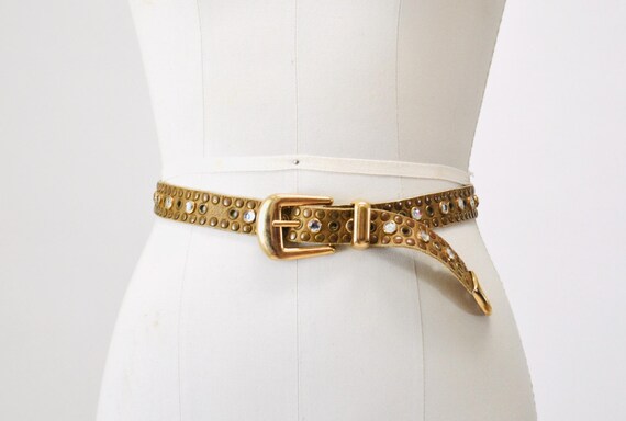 90s 2000s Vintage Gold Rhinestone Belt Brown Leat… - image 2