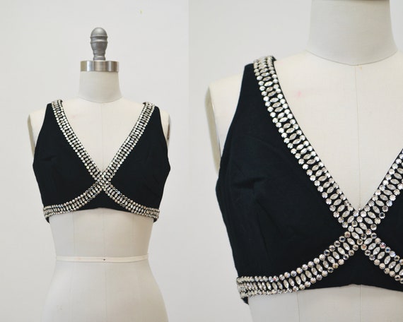 60s 70s Vintage Black Rhinestone Bra Crop Top XXS XS Small 70s Black Party  Rhinestone Showgirl Bra Crop Top Party 60s 70s Glam Top 