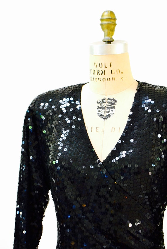 80s 90s Vintage Black Sequin Dress Wrap Dress Med… - image 4