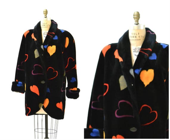 Vintage Black Faux Fur Jacket Coat With Hearts 90s Pop Art Rainbow