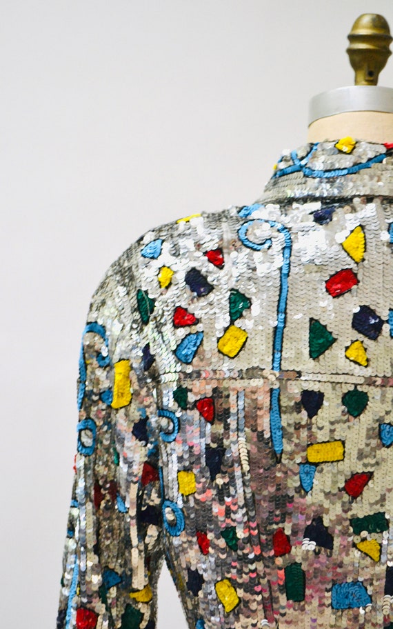 Vintage Sequin Jacket Silver Metallic Rainbow Seq… - image 8