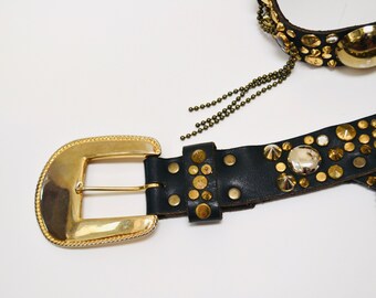 80s Vintage Black Gold Studded Rhinestone Belt by Michael