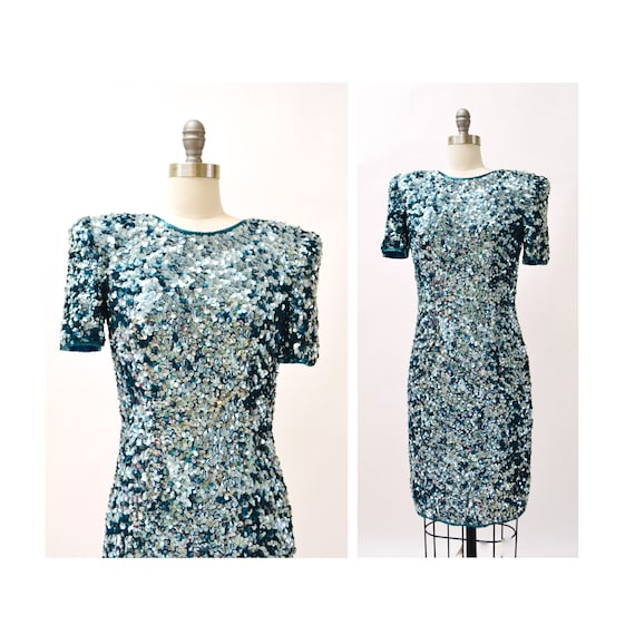 80s 90s Glam Vintage Blue Sequin Dress Size Small… - image 1