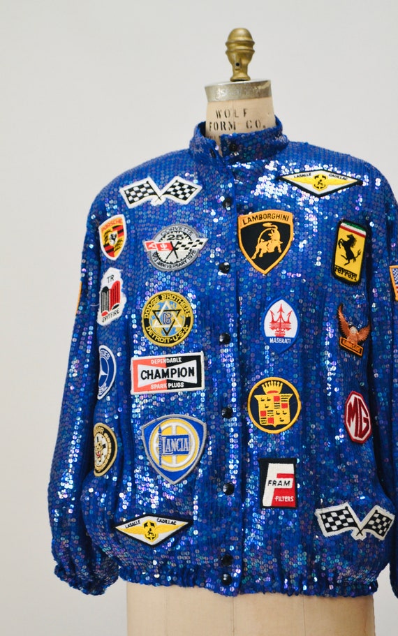 80s 90s Vintage Blue Sequin Bomber Jacket Race Ca… - image 2