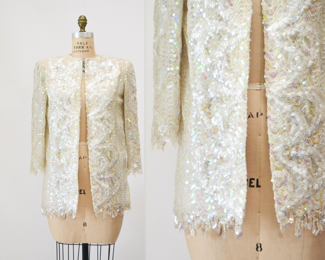 60s 70s Vintage White Sequin Fringe Jacket Medium OFF White Cream