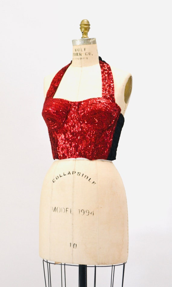 80s 90s Vintage Red Sequin Bustier Crop Top Halte… - image 2