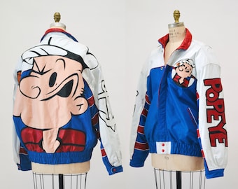 Vintage Leather Jacket with Popeye by Maizar// Vintage Leather Bomber Jacket with Popeye Sailor Cartoon Comic Size Medium Large