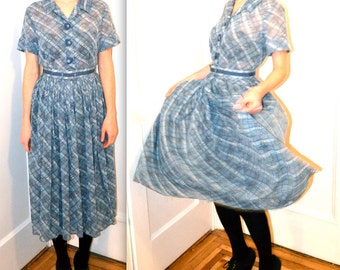 Vintage 50s Dress Shirt Dress Blue Plaid Cotton Voile Size Small Summer Dress Sheer Cotton// 1950s vintage House Dress Size Small Blue Plaid