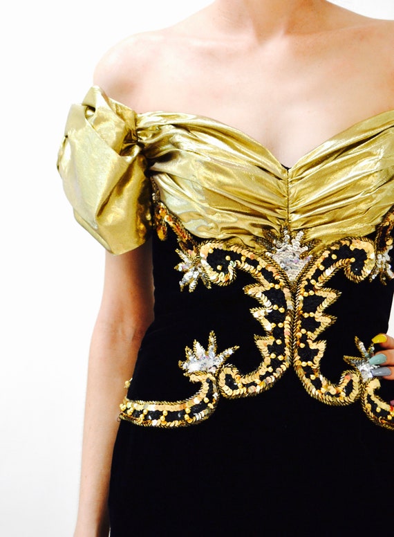 Vintage 80s Prom Dress Black Gold Evening Gown Ve… - image 9