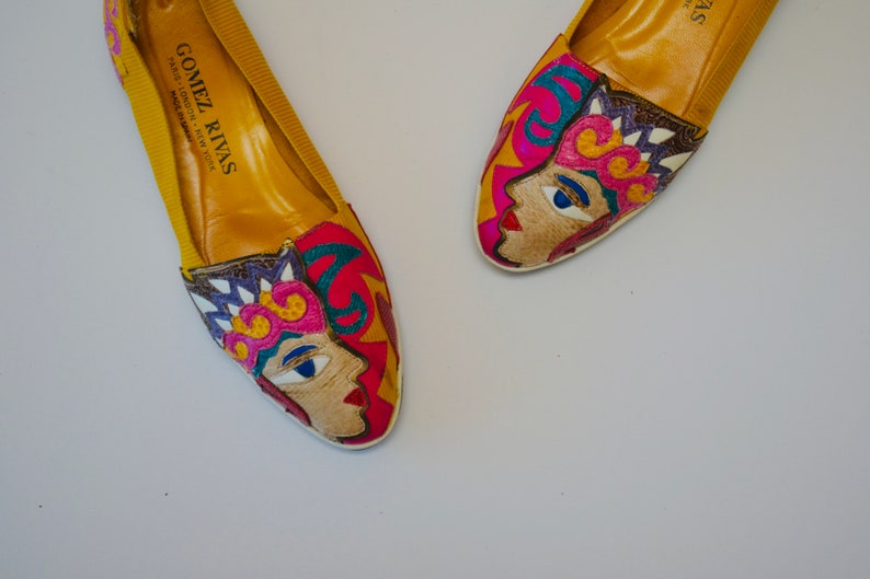 80s 90s Vintage Yellow Face Leather Flats by Gomez Rivas Size 7 1/2 8 yellow Rainbow Leather Shoes Flats Tropical Face Pop Art Leather Shoes image 10