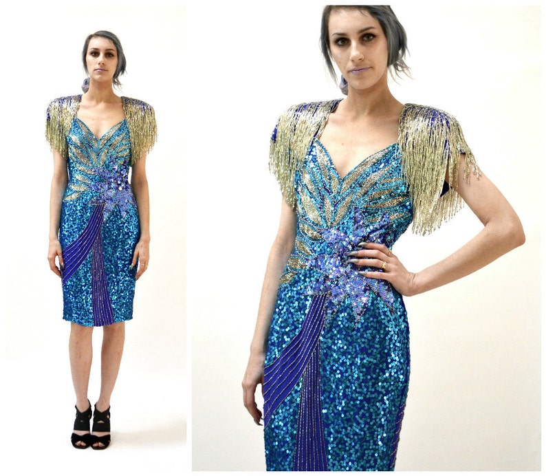 Vintage Beaded Sequin Dress Blue Sequin Beaded Fringe Dress SMALL Medium// 80s Vintage Metallic Silver Blue Pageant Dress by Alyce Designs 