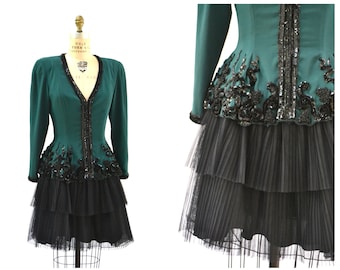 Vestido de fiesta vintage de los años 80 y 90 con cuentas en verde y negro, talla mediana // Vestido de fiesta vintage de los años 80 y 90 con lentejuelas, falda plisada de crinolina y mangas largas