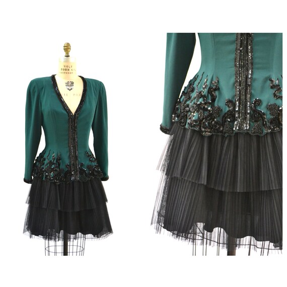 90s glitter layered dress 80s Fabrice Vintage Green Black Beaded Party Medium // Vintage 80s 90s Sequin Party Dress Crinoline Pleated Skirt Long Sleeves Color:Black / Gold sellout-alert-sent Floral Jacquard Square Neck