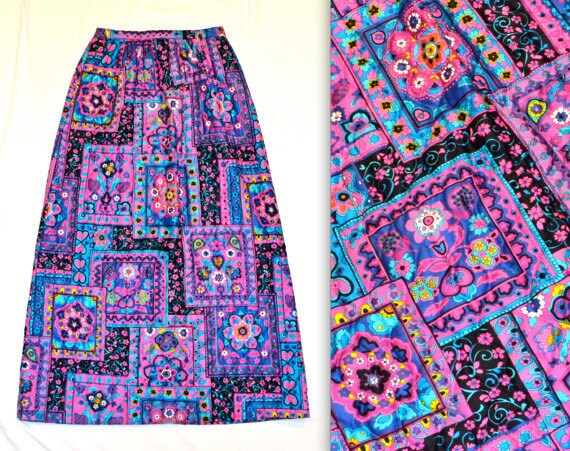 70s Vintage Boho Printed Skirt Quilted Long Maxi … - image 4