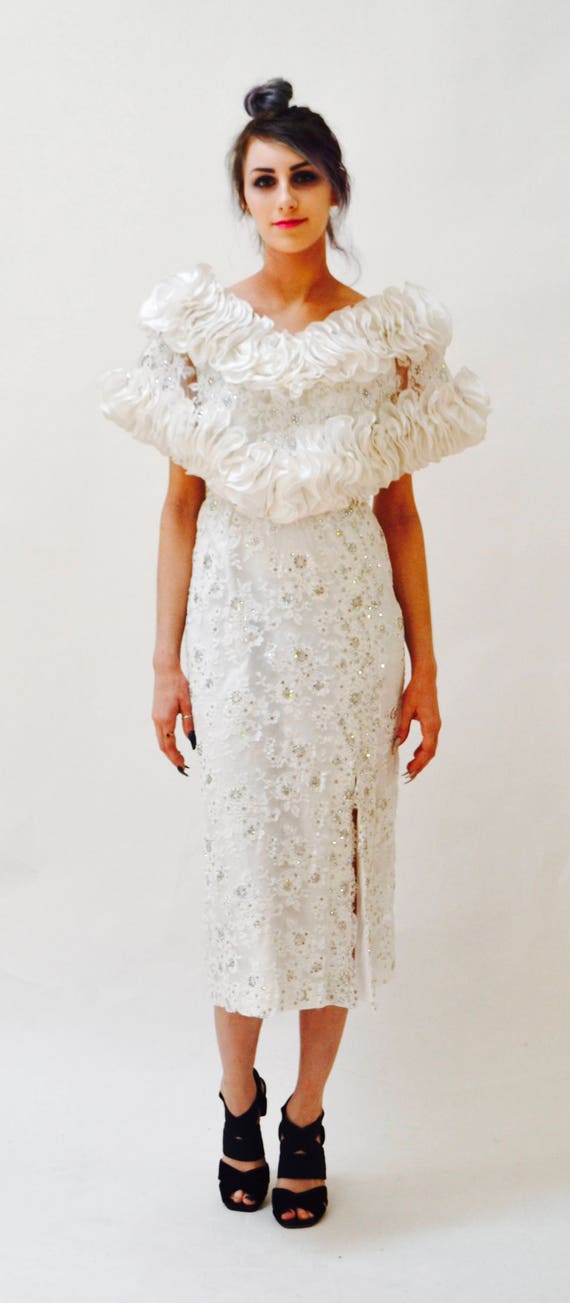 80s Vintage White Lace and Rhinestone Evening Gow… - image 3