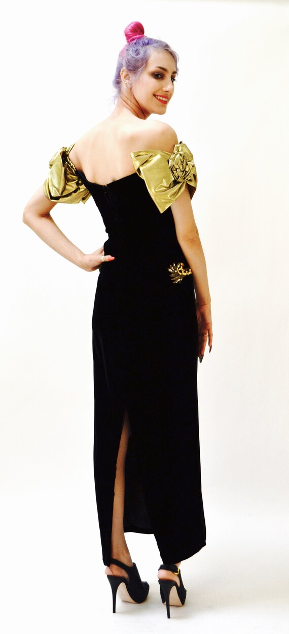 Vintage 80s Prom Dress Black Gold Evening Gown Ve… - image 8