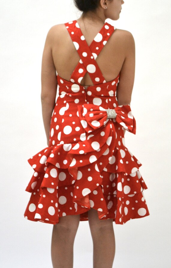 80s does 50s Vintage Party Dress Red Polka Dots b… - image 5