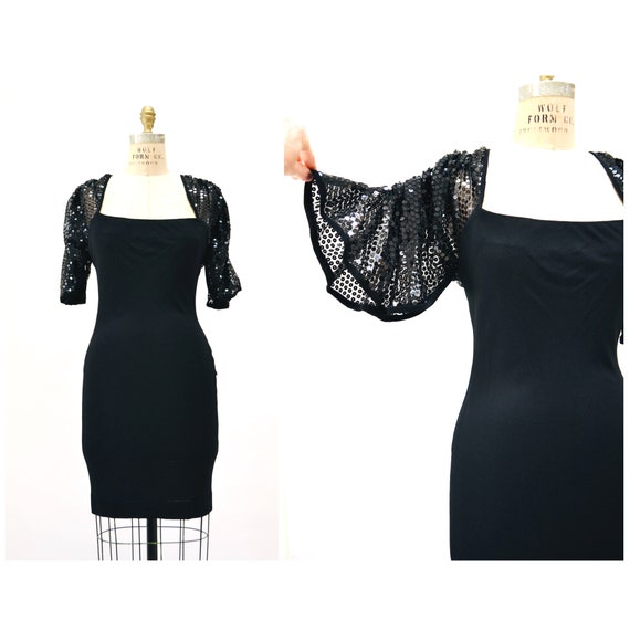 70s 80s Vintage Black Sequin Dress Gerald Frankli… - image 2