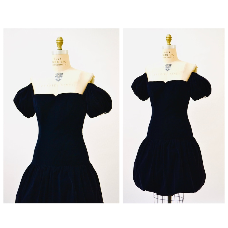 Vintage 80s 90s Prom Dress Size Small Medium Velvet Dark Purple Blue Vintage 80s 90s Velvet Dress Off the Shoulder Poof Sleeve Dress