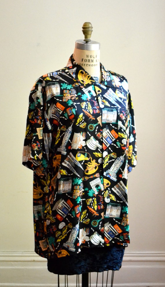 90s New York Print Silk Shirt Vintage Nicole Miller Silk Shirt NYC