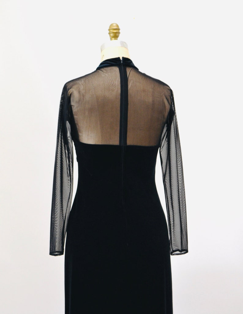 90s Vintage Black Velvet Prom Dress Illusion Dress Medium// Black Body Con 90s Prom Dress Bondage Dress Medium Sheer Sleeve long Black Dress image 8