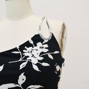 Vintage 00s Y2K Bias Cut Silk Dress Cache Black White Floral Print Beaded one Shoulder Dress XS Small 90s 00s Y2k Silk Tank Black Dress image 4