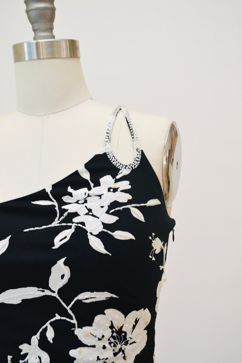 Vintage 00s Y2K Bias Cut Silk Dress Cache Black White Floral Print Beaded one Shoulder Dress XS Small 90s 00s Y2k Silk Tank Black Dress image 4