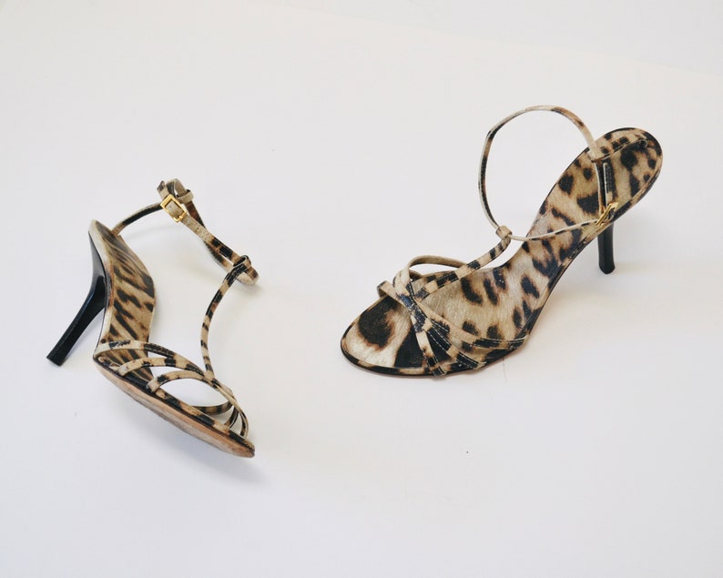 Vintage 00s Strappy Animal Print High Heels Size 7 37 By Roberto Cavalli Leopard Animal Print leather High heels Sandals 37 Roberto Cavalli image 1