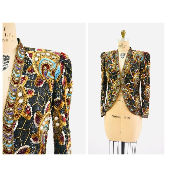70s 80s GLAM Vintage Sequin Rhinestone Jacket Blac