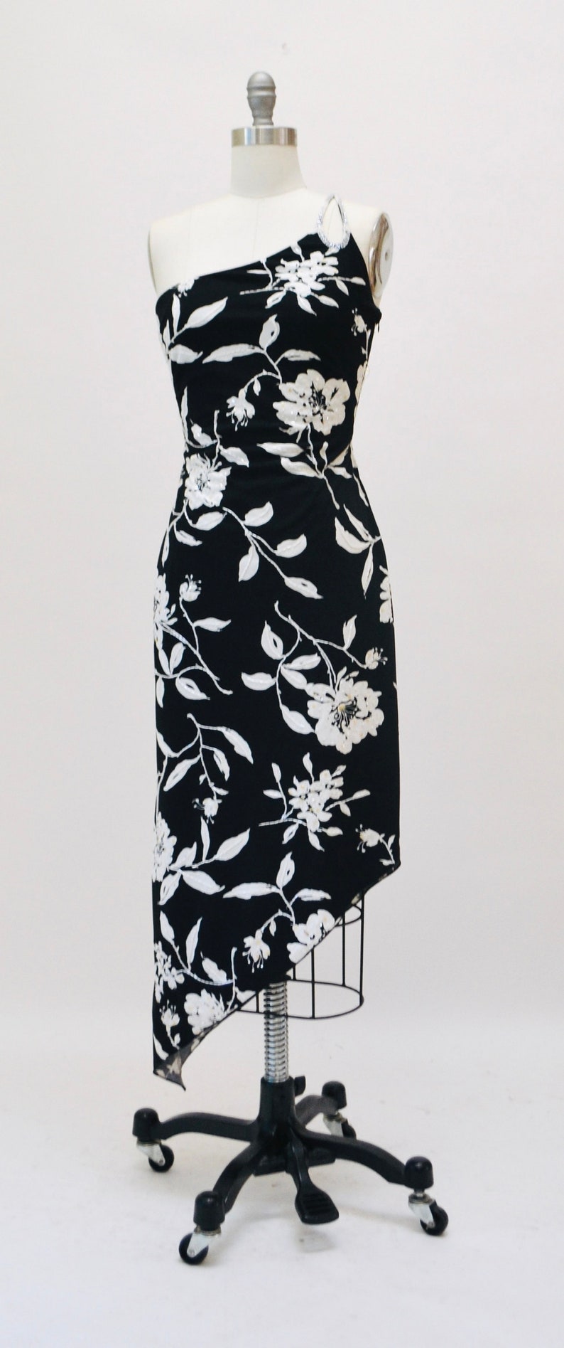 Vintage 00s Y2K Bias Cut Silk Dress Cache Black White Floral Print Beaded one Shoulder Dress XS Small 90s 00s Y2k Silk Tank Black Dress image 2