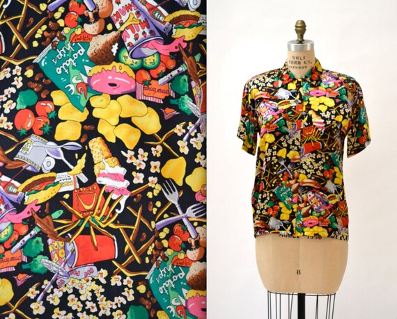 90s JUNK Food Print Vintage Nicole Miller Silk Shi