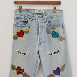 80s Vintage Leslie Hamel Jeans Pants Vintage Levis Hand painted Love Peace Denim Jeans Levis Pop Art Vintage Levis Medium Jeans Madonna image 5