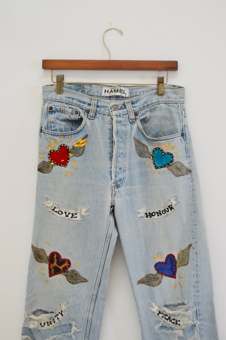 80s Vintage Leslie Hamel Jeans Pants Vintage Levis Hand painted Love Peace Denim Jeans Levis Pop Art Vintage Levis Medium Jeans Madonna image 5