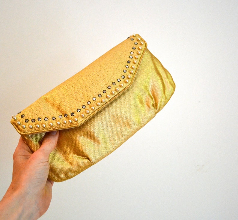 Vintage Gold metallic Clutch Purse bag Rhinestones and Pearls// Vintage Metallic Clutch// Metallic Gold Wedding Evening Bag purse clutch image 1