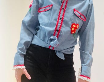 70s Vintage Denim Shirt Ruffles and Flowers Hand Embroidered Patchwork Quilted Denim Shirt Medium Western Cowgirl Shirt Small Medium