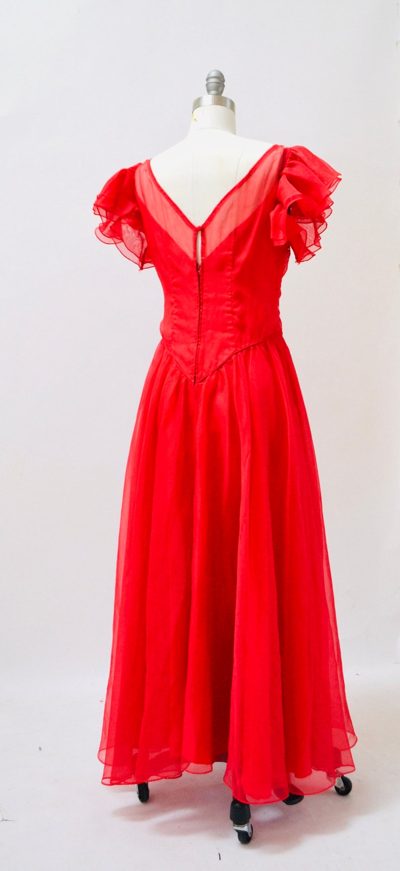 Vintage 70s Prom Dress Size Small Medium Red embroidered Ruffle Dress// 70s 80s Bridesmaid Dress Red Boho Prairie Southern Bell Dress image 7