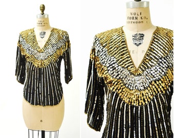 Vintage lentejuelas tamaño oro medio plata metalizado negro lentejuelas camisa top Art Déco Flapper inspirado en Judith Ann Creaciones