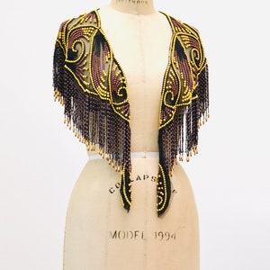 Vintage Gold Black Beaded Rhinestone Shawl Wrap Burlesque Wedding Flapper Gold Metallic Beaded Vintage Fringe Collar Shawl GOld Flapper image 2