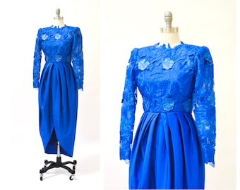80s 90s Vintage Blue Lace Bridesmaid Prom Dress Size XS Small Long Sleeve Dress// 80s 90s Prom dress Blue Flower Pageant Dress Gown