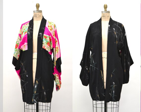 Vintage Kimono Jacket Robe Pink Black Fan Floral … - image 8